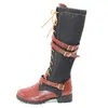 Botas de Couro Femininas de Cano Alto Color Block Estilo Europeu e Americano com Fivela de Cinto, Tamanhos Grandes 40-47