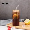 Vaso de Vidrio de Borosilicato Alto con Tapa de Bambú, Vaso de Vidrio Transparente de una Sola Capa para Jugos con Popote, Vaso Transparente para Refrescos tipo Cola, Gran Capacidad, Se Puede Imprimir con Logo