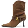 Botas apiladas de tacón alto y punta fina, botas de montar de media pantorrilla, botas para mujer, nuevas botas cortas ajustadas color marrón vintage para otoño e invierno 2026