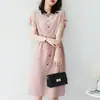 Vestido de Verano 2026 Nuevo Estilo Coreano Rosa Solapa Elegante Ropa de Trabajo Jersey Lunares Cintura Alta Largo Medio