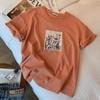 Camiseta de Manga Curta Estampada com Flores em Pintura a Óleo Laranja Feminina Verão Novo Estilo Coreano Solta Versátil Emagrecedora Algodão Manga Meia-Manga