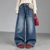 2026 Invierno Nuevo Cintura de Felpa Pantalones de Pierna Ancha Más Terciopelo Jeans Casual Versátil Holgado Recto Largos Tendencia Niñas