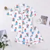 Novos Pijamas Femininos de Comércio Exterior Transfronteiriço com Golas Estampadas, Mangas Curtas, Shorts, Roupas de Casa Estilo Europeu e Americano, Cardigan, Soltos e Confortáveis