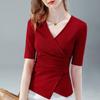 Camiseta de Manga Media para Mujer 2025 Nueva Camiseta Elegante de Algodón de Manga Corta con Cuello en V para Mujer Europea Top Asimétrico con Cintura Plisada