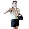 Camiseta corta de verano para mujer, estilo occidental, con encaje puro, sin hombros, con cuello halter, manga corta, que rejuvenece, bonita, camisa pequeña
