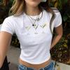 Estilo Europeu e Americano Feminino 2024 Novo INS Distinto Rua Estampa de Letras Curta Ombro a Ombro Manga Curta Camiseta Top