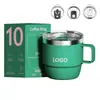 Taza de café de acero inoxidable 304 transfronteriza, taza de 10 oz con asa, doble capa con tapa, vaso de agua aislado para oficina