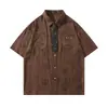 Camisa de Manga Corta Floral con Tinta de Patrón Oscuro con Corbata, Camisa de Cuello para Hombre de Verano Holgada Casual Moda Callejera