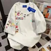 Camiseta de Manga Corta para Mujer de Algodón Puro Pesado con Diseño Estilo Americano Estampado, Nuevo Estilo de Verano, Top Holgado Casual de Manga Tres Cuartos