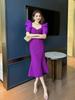 Vestido Retro Francés Morado Cuello en V Sobre la Rodilla Nuevo Elegante Elegante Manga Abullonada Ajustado Cola de Pez Falda Larga 20503