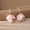 Brincos de Flor de Concha Rosa Super Feéricos com Zircônia, Frescos e Doces, Brincos de Moda de Alta Qualidade, Acessórios Elegantes Estilo Princesa