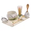 Conjunto de Tigela de Matcha com Padrão de Pedra e Suporte para Batedor de Matcha Tigela de Cerâmica Pintada à Mão para Bater Matcha com Bico Tigela de Chá Batedor Misturador de Matcha