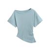 Diseño Puro Deseo, Hombros Asimétricos Caídos, Camiseta de Manga Corta con Pliegues Laterales, Nuevo Top Sexy de Verano Ajustado para Mujer