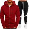 Novo Conjunto de Moletom Esportivo Casual Masculino 2024 Cor Sólida com 4 Zíperes Cardigã de Lã com Capuz Conjunto Masculino de 2 Peças