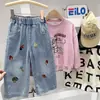 Calça Jeans Infantil para Meninas 2026 Nova Coleção Primavera e Outono Estilo Fofo Versátil Desenho Animado Jeans Perna Larga