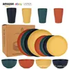 Conjunto de louças de palha de trigo para uso transfronteiriço, incluindo tigelas, pratos e copos de plástico duráveis e resistentes a quedas, em uma caixa de presente minimalista de estilo nórdico para uso doméstico