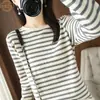 Blusa de tricô de algodão puro para outono e inverno, gola redonda, listrada, barra enrolada, para mulheres, camiseta de manga longa 100% algodão, blusa base de caimento solto