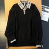 Estilo Old Money Patrón Espiga de Trigo Sudadera Falsa de Dos Piezas para Hombre Otoño Tejido de Punto Patchwork Cuadros Hombro Estándar Americano Camiseta Interior Polo
