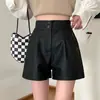 Shorts de cuero PU color café para mujer, nuevo estilo primavera y otoño, para personas petite, de cintura alta, corte A, ajuste ceñido, adelgazan visualmente, se pueden usar como prenda exterior, pantalones de pierna ancha bootcut