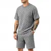 Conjunto de Toalla Jacquard a Cuadros de Textura Pesada, Holgado, de Manga Corta y Cuello Redondo para Hombre, Transfronterizo, Sencillo y Moderno, Venta al por Mayor para Hombre