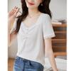 Camisa de punto blanca de manga corta estilo francés de verano 2025 para mujer, cuello de encaje, plisada, ajustada, a rayas