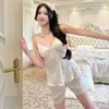Conjunto sexy de lencería para dormir para mujer: Camisola y shorts de seda helada con lazo, estilo puro deseo de alta gama con copas, ropa de casa, transfronterizo