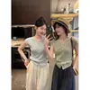 Cardigan de Tricô Estilo Coreano com Manga Borboleta Pequena, Decote V, Seda Gelada, Feminino, Verão, Fino, Slim Fit, Emagrecedor, Top de Manga Curta