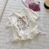 Blusas Femininas 2026 Verão Novo Estilo Estampadas com Babados Falsas de Duas Peças Renda Camiseta Blusas Estilo Ballet para Meninas