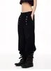 Calça casual estilo retro americano com detalhes de botões, cós elástico, caimento solto, pernas largas e design versátil