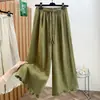 Calças casuais de verão de cintura alta, curtas, em mistura de algodão e linho, de perna larga para mulheres, com renda, cordão e acabamento franzido, estilo pantalona casual