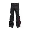 Jeans Acampanados Negros y Rojos Bordados Estilo High Street Americano para Hombre, Diseño Único, Pantalones Rectos Geniales y Amplios, Modernos