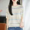 Camiseta de punto para mujer estilo francés, hueca, cuello redondo, bloques de color, manga corta, verano, ligera, transpirable, versátil, corte ajustado, top básico de media manga