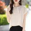 Camiseta de Malla Transpirable de Manga Corta con Cuello Henley de Algodón 100% Estilo Francés Botones Vintage para Mujer, Versátil Casual al por Mayor para Primavera y Verano