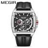 Reloj deportivo MEGIR con cronógrafo multifuncional tipo barril para hombre, resistente al agua, luminoso, de cuero, con calendario, de cuarzo.