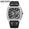 Nuevo reloj Megir para hombre, elegante cuadrado impermeable luminoso de cuero genuino deportivo de cuarzo 2204