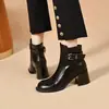 Botas de Cuero de Tacón Alto para Mujer 2026 Otoño/Invierno Estilo Europeo y Americano Hebilla Botines de Tacón Grueso Tacón Medio Botines Cálidos con Forro de Lana de Algodón