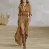 2025 Amazon Moda Femenina Europea y Americana Otoño Vestido Sexy de Color Sólido Irregular Plisado con Cinturón
