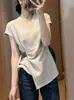 Camiseta de Manga Corta con Cuello en V Estilo Francés para Mujer, Nuevo Modelo Verano 2026, Ceñida a la Cintura, Adelgazante, Top Irregular, Blusa Única