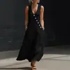 Primavera e Verão 2026 Tiktok Transfronteiriço Europeu e Americano Estilo Preguiçoso Gola V Abotoado Algodão e Linho Vestido Longo Vestido Colete Sem Mangas