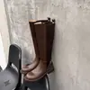 Botas de Caballero de Piel de Vaca para Mujer de Caña Alta Largas Otoño e Invierno Nuevas Botas con Tacón Medio de Punta Redonda y Patchwork No son Botas Altas de Caña Larga Botas de Caña Recta para Mujer Botas Individuales