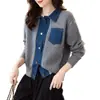 Novo cardigã de tricô transfronteiriço para mulheres, jaqueta suéter casual solta com gola jeans vintage, blusa interna quente, moderna