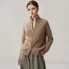 Cardigan de malha trançada feminino de cashmere com zíper duplo, gola semimang alta, cor sólida, casaco quente de comprimento total para outono e inverno