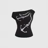 Nuevo Top de Verano Transfronterizo Estilo Francés de un Hombro Chica Picante con Diseño Estampado, Camiseta Sexy al por Mayor