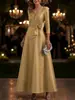 2026 Elegante Vestido de Noche de Satén con Escote en V y Mangas Tres Cuartos, Corte A, Ceñido a la Cintura, Formal para Banquetes, Novia, Vestido de Boda