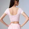 Top de yoga de malla sin espalda para mujer, corte ajustado, con copas fijas, camiseta de manga corta para entrenamiento de Pilates y ejercicios de fitness