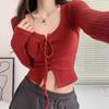 Camiseta Estilosa de Manga Longa com Ajuste na Cintura Estilo Coreano para Mulheres, Primavera e Outono 2026, Cor Sólida, Cordão, Corte Justo, Base Curta
