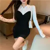 Vestido Elegante Estilo Otoño e Invierno con Cuello Polo, Plisado, Patchwork y Bloques de Color para Mujer, Elegante Mini Vestido Bodycon de Manga Larga Falso Dos Piezas