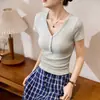 Camiseta de Manga Corta Ecosilk Henry Button para Mujer de 260g, Nuevo Estilo de Verano, Cuello en V, Cintura Alta, Corte Corto Ajustado, Top Elegante