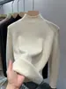 Camiseta interior de punto gruesa con forro polar para invierno para mujer, suéter pullover de una pieza con forro polar y cuello semi-alto, top interior cálido, color liso
