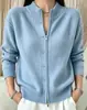 Cardigã de malha com zíper, gola redonda, estilo europeu e americano, novo, para mulheres, cor sólida, corte solto, estilo casual, jaqueta suéter versátil